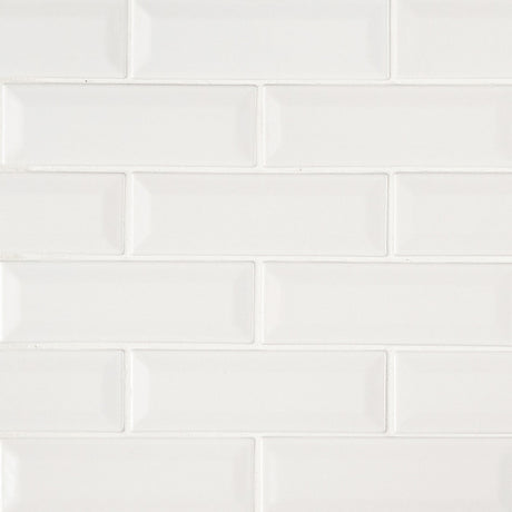 Whisper white beveled 12X12 ceramic mesh mounted mosaic wall tile SMOT-PT-WW-2X6B product shot multiple tiles angle view