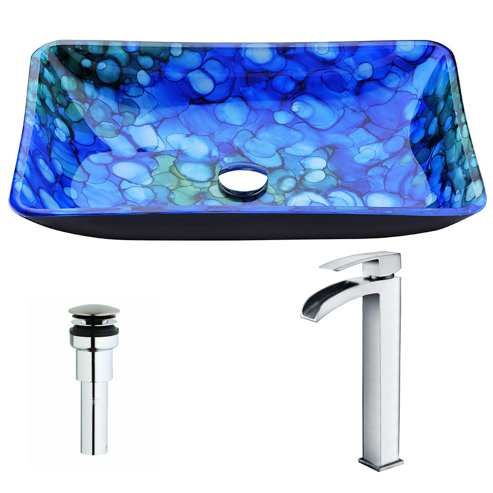 ANZZI LSAZ040-097 Voce Series Deco-Glass Vessel Sink in Lustrous Blue with Key Faucet in Polished Chrome