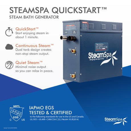 SteamSpa Premium 7.5 KW QuickStart Acu-Steam Bath Generator Package with Built-in Auto Drain in Polished Chrome PRR750CH-A