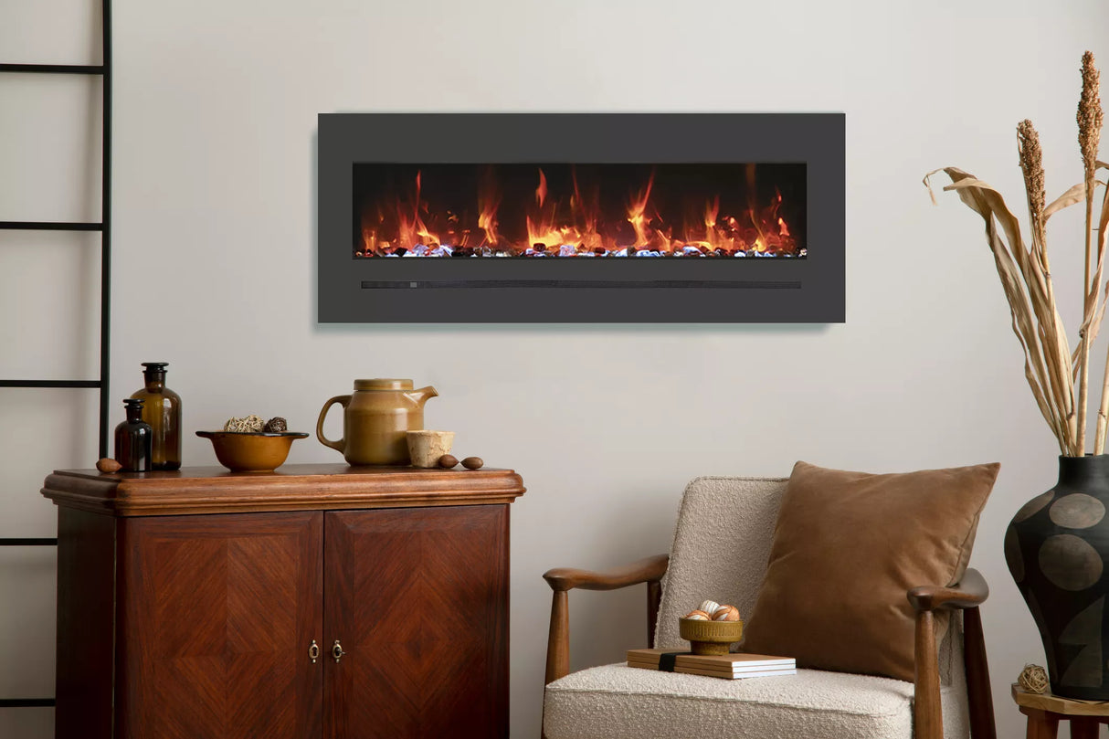 Amantii WM-FML-72-7823-STL Wall Mount / Flush Mount - 72" Electric Fireplace with a Steel Surround and Glass Media