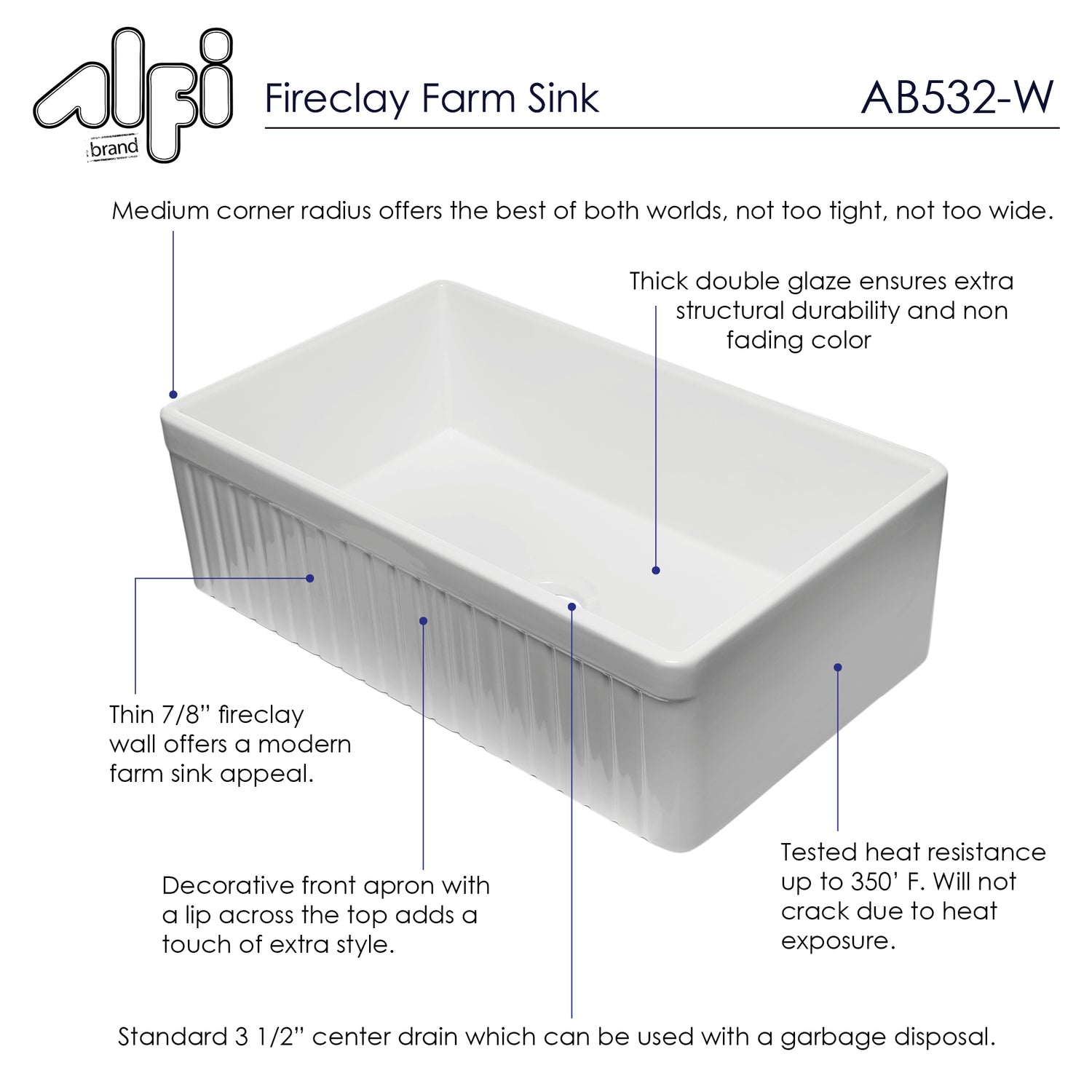 ALFI brand AB532-W 33" White Single Bowl Fluted Apron Fireclay Farm Sink