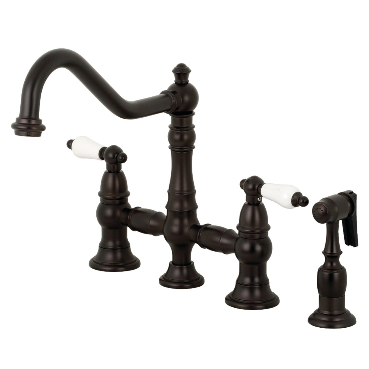 Kingston Brass KS3275PLBS Restoration 8-Inch Bridge Kitchen Faucet with Sprayer, Oil Rubbed Bronze