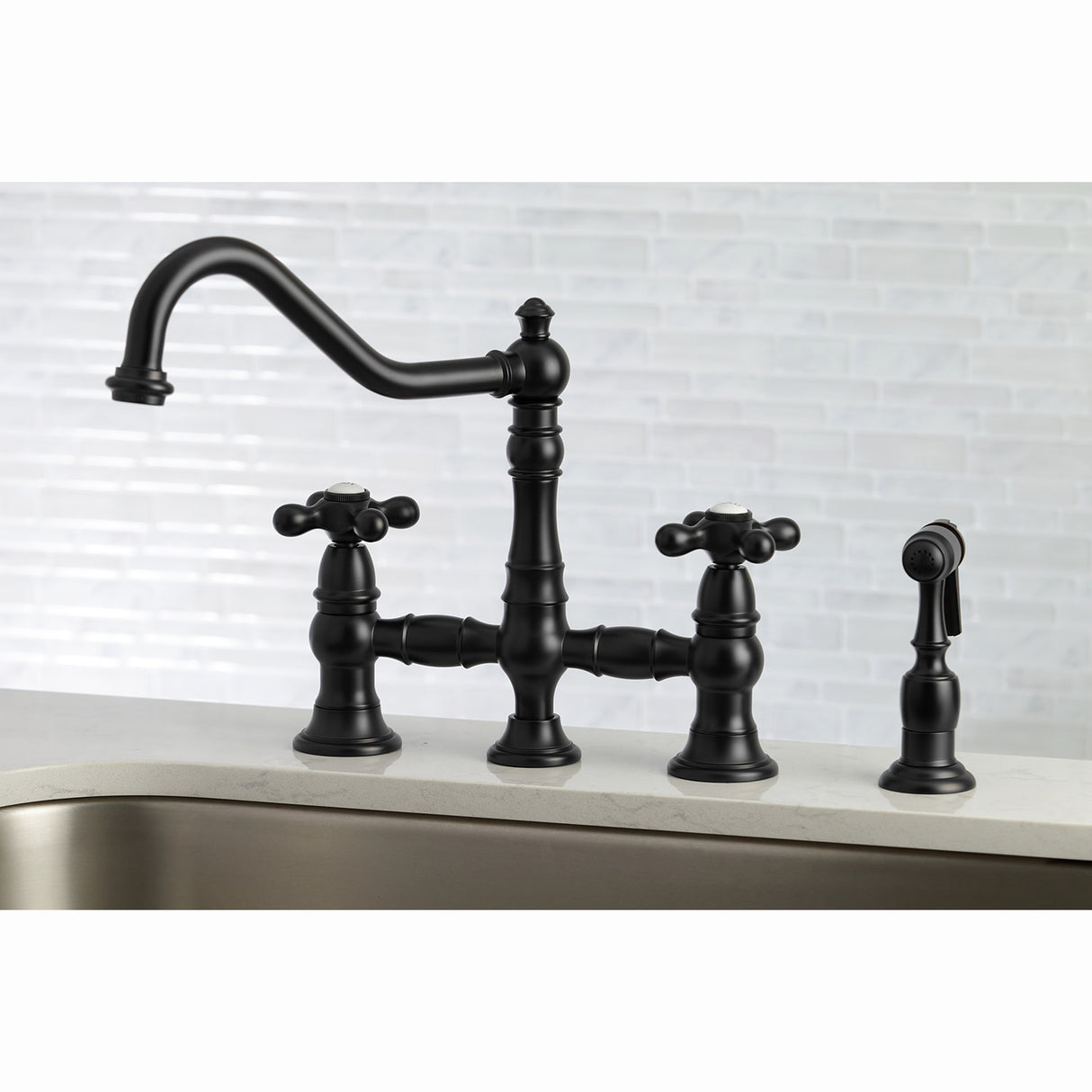 Kingston Brass KS3270AXBS Restoration 8" Bridge Kitchen Faucet with Sprayer, Matte Black