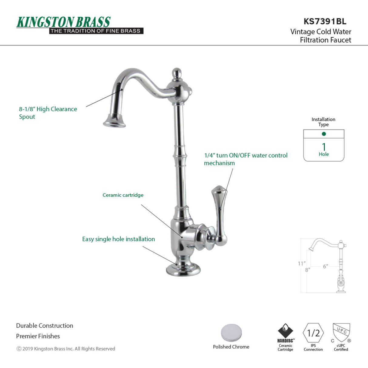 Kingston Brass KS7391BL Vintage Cold Water Filtration Faucet, Polished Chrome