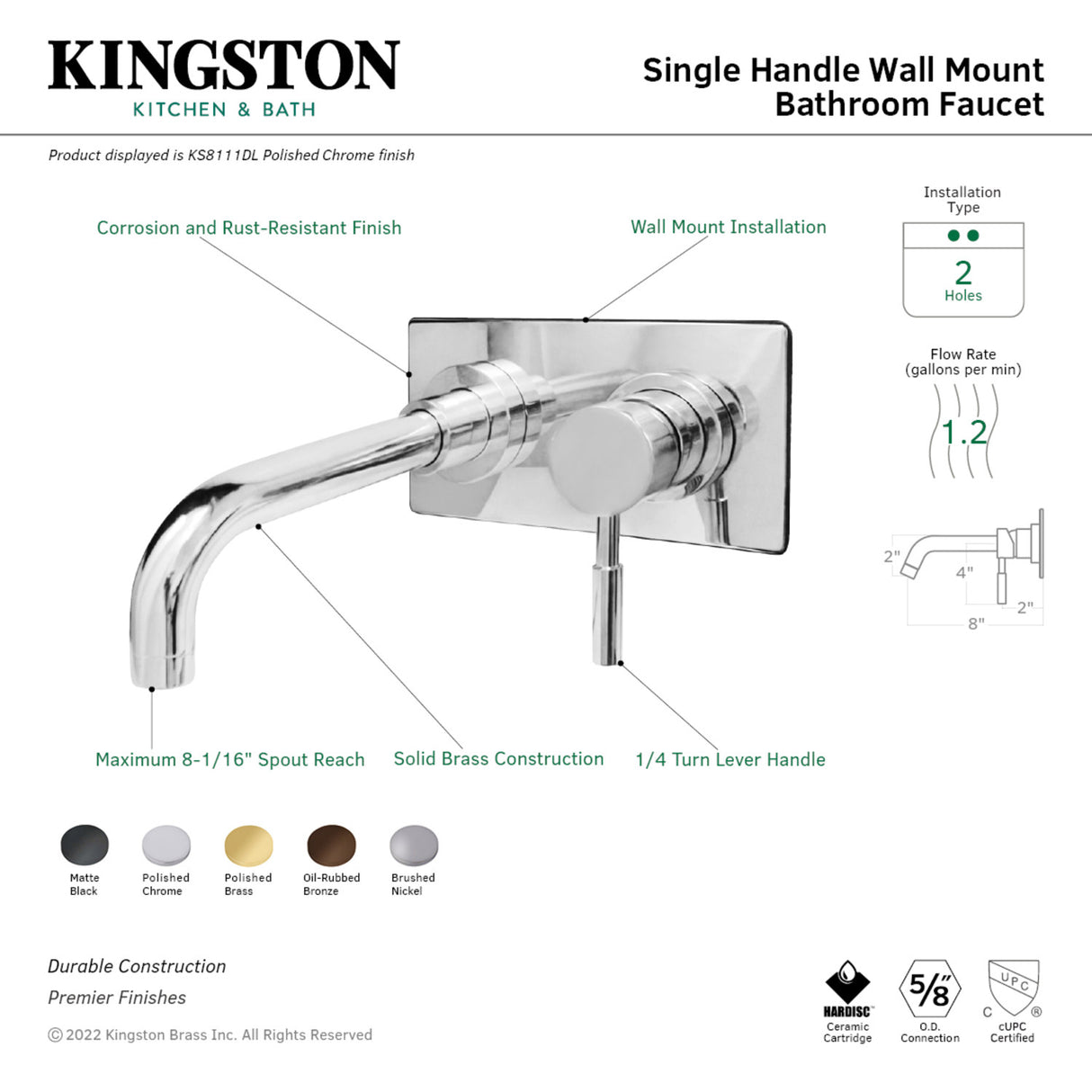 Kingston Brass KS8111DL Single-Handle Wall Mount Bathroom Faucet, Polished Chrome