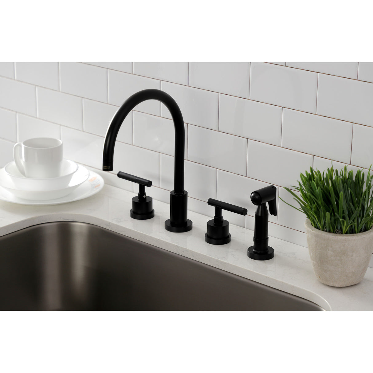 Kingston Brass KS8720CKLBS Kaiser Widespread Kitchen Faucet with Brass Sprayer, Matte Black