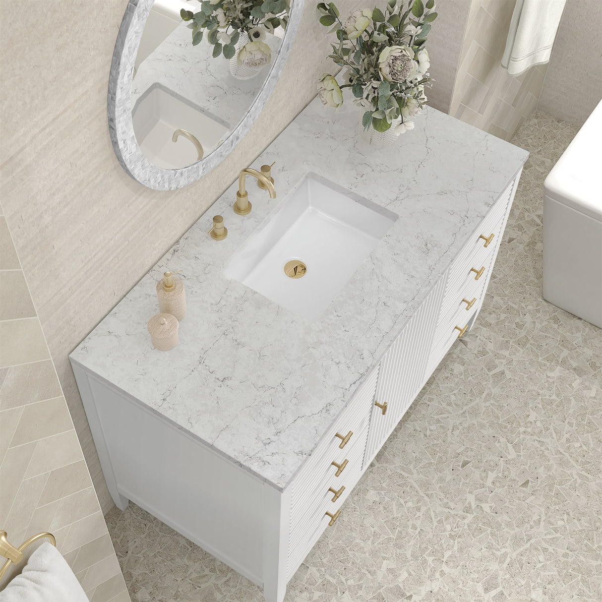 Myrrin 48" Single Vanity, Bright White w/ 3 CM Eternal Jasmine Pearl Silestone Top