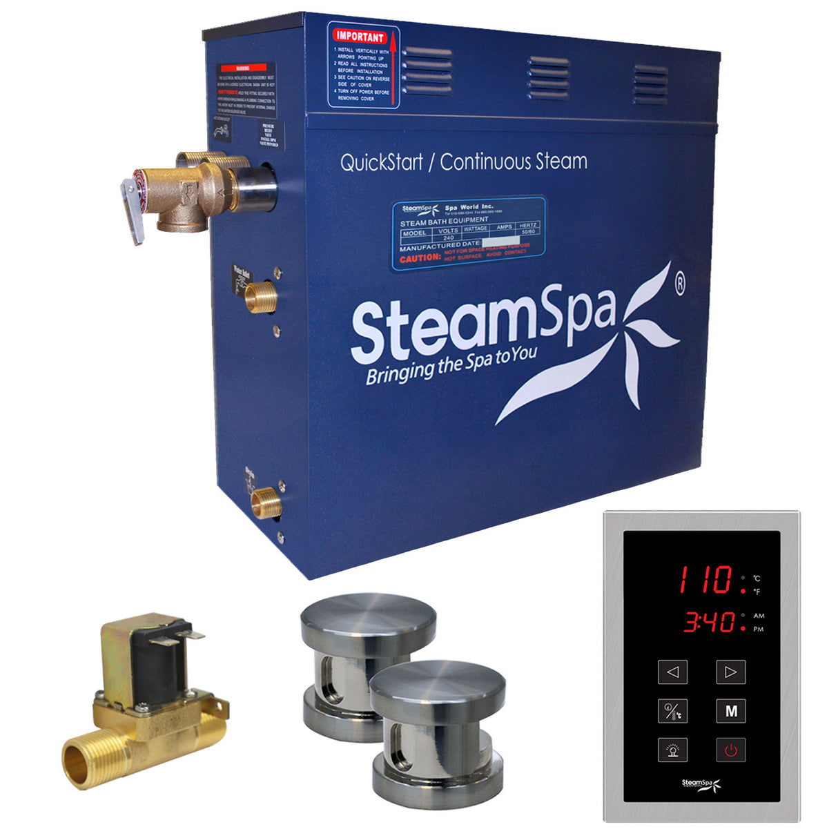 SteamSpa Oasis 12 KW QuickStart Acu-Steam Bath Generator Package with Built-in Auto Drain in Brushed Nickel OAT1200BN-A