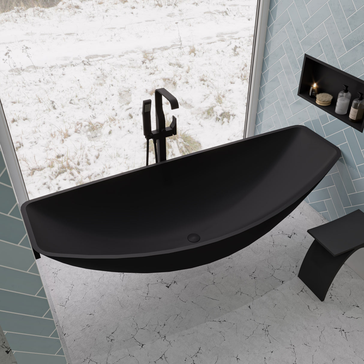 Black Matte Single Lever Floor Mounted Tub Filler Mixer w Hand Held Shower Head