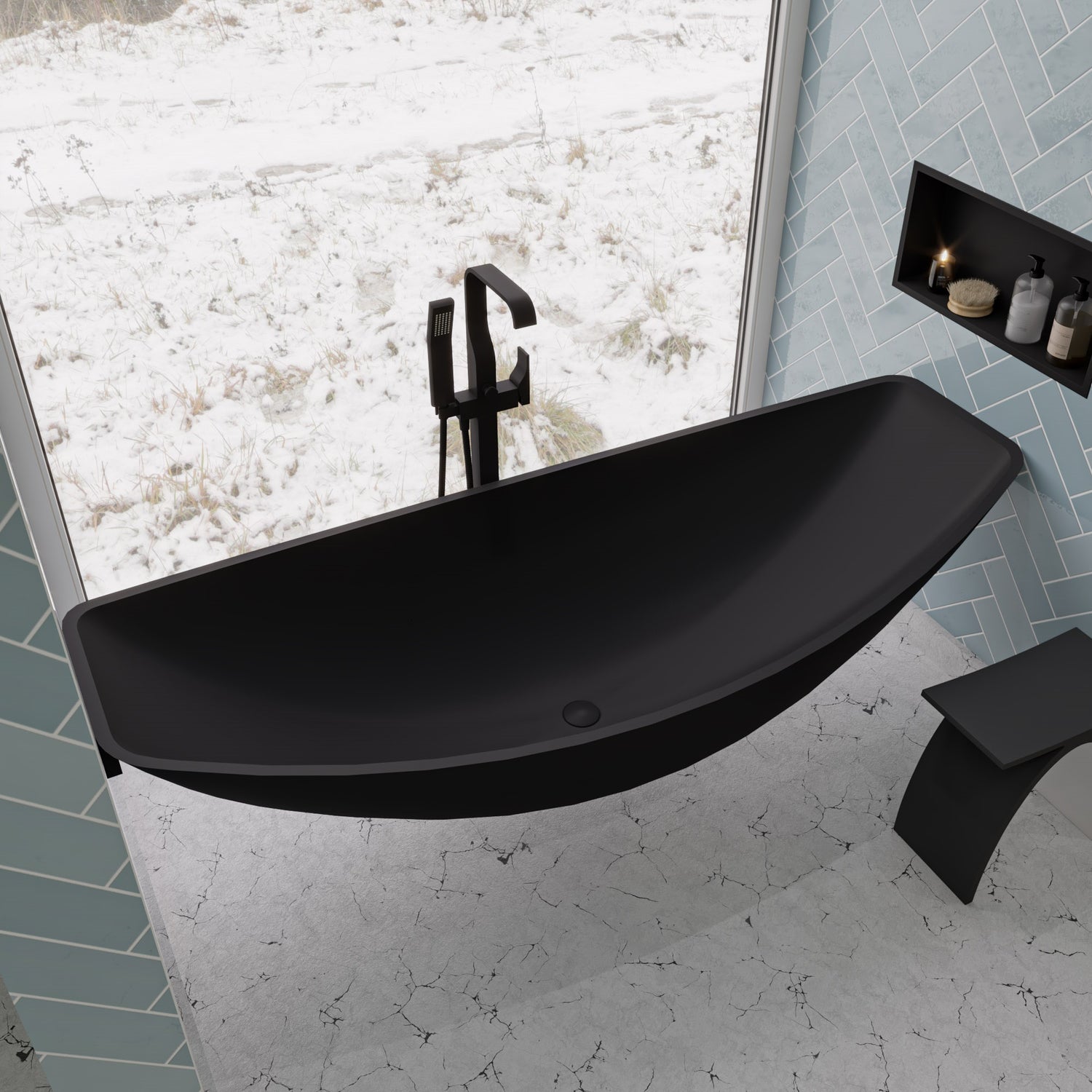 Black Matte Single Lever Floor Mounted Tub Filler Mixer w Hand Held Shower Head