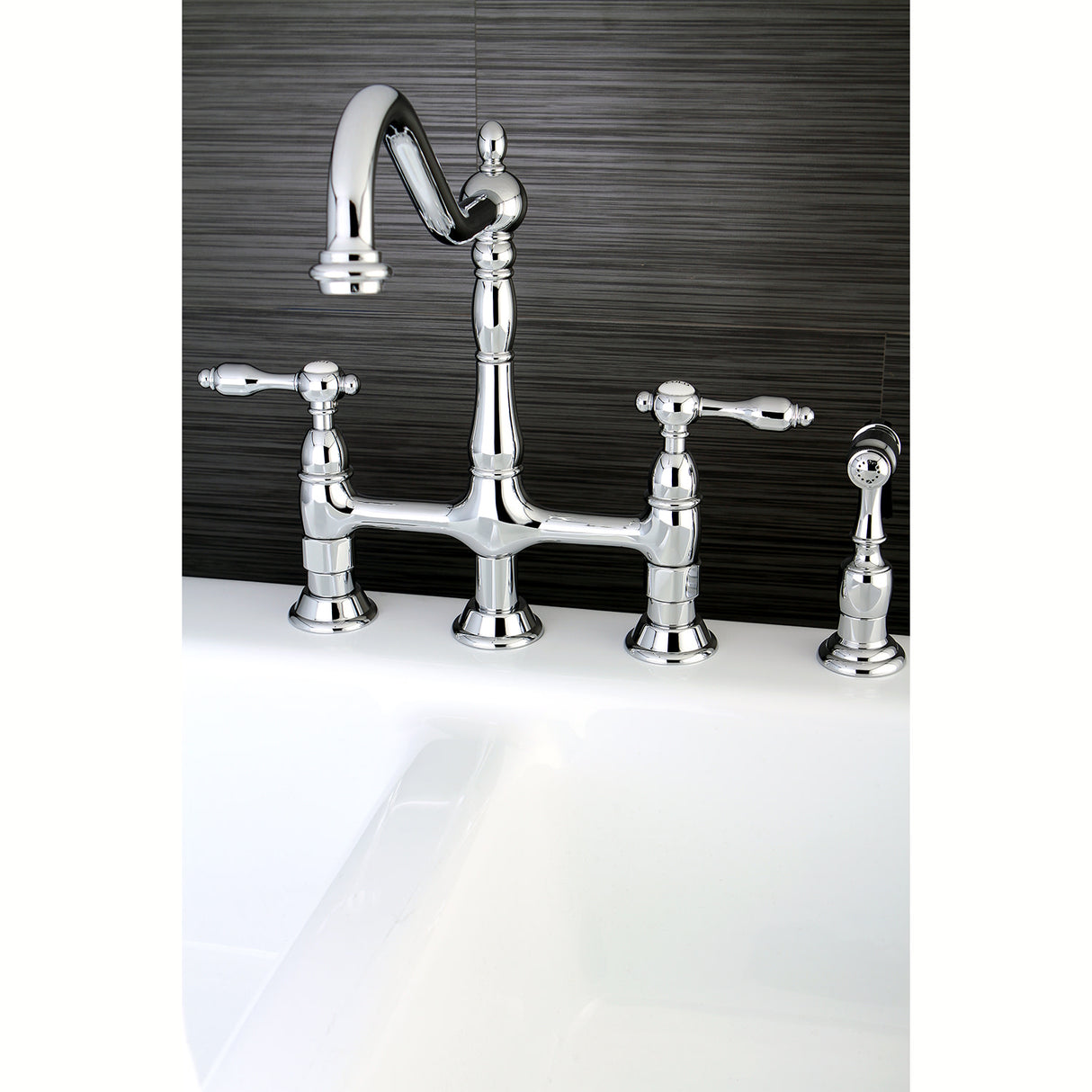 Kingston Brass KS1271TALBS Tudor Bridge Kitchen Faucet with Brass Sprayer, Polished Chrome