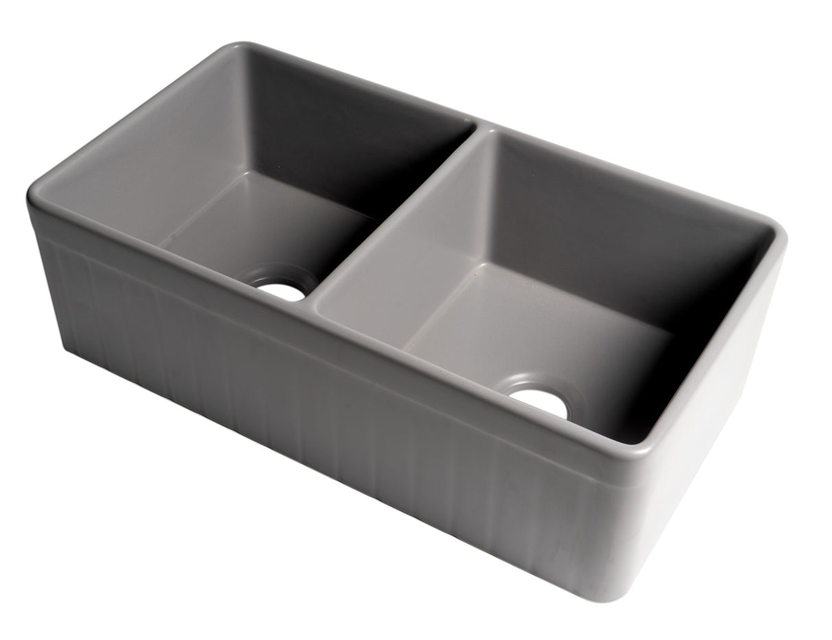 Gray Matte Smooth Apron 33" x 18" Double Bowl Fireclay Farm Sink