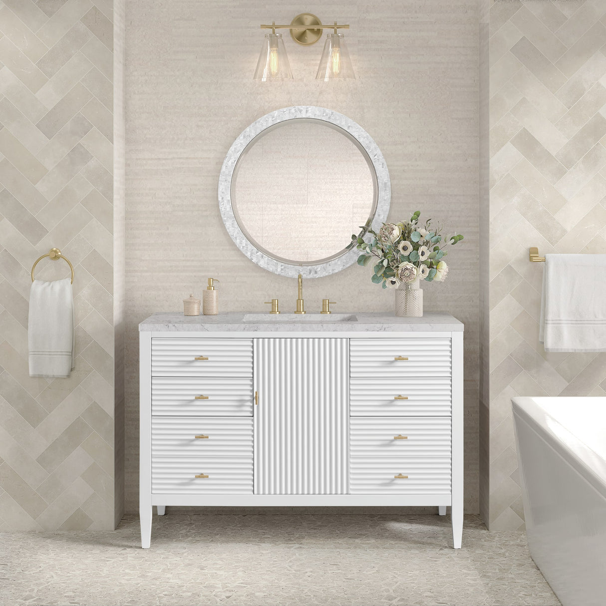Myrrin 48" Single Vanity, Bright White w/ 3 CM Eternal Jasmine Pearl Silestone Top