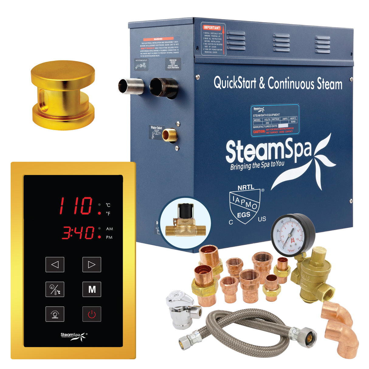 SteamSpa Premium 7.5 KW QuickStart Acu-Steam Bath Generator Package with Built-in Auto Drain in Gold PRT750GD-A