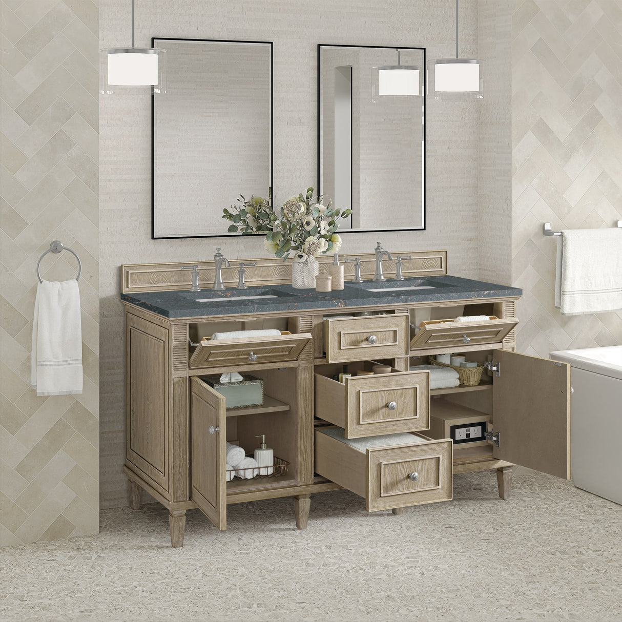 Lorelai 60" Double Vanity, Whitewashed Oak w/ 3 CM Parisien Bleu Silestone Top