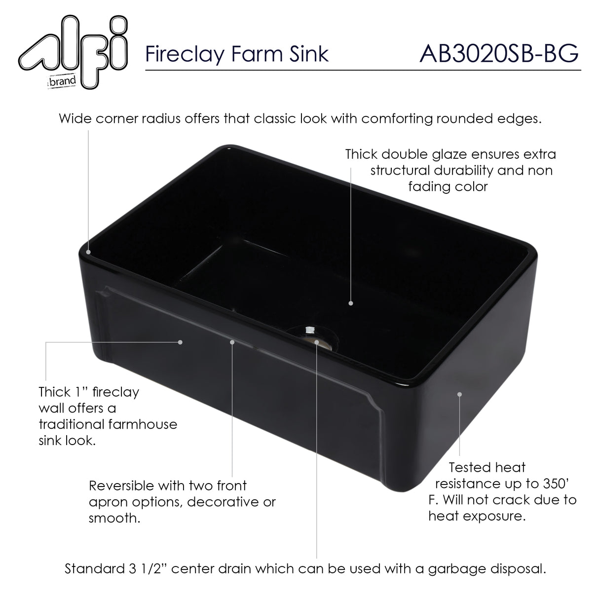 ALFI brand AB3020SB-BG 30 inch Black Reversible Single Fireclay Farmhouse Kitchen Sink