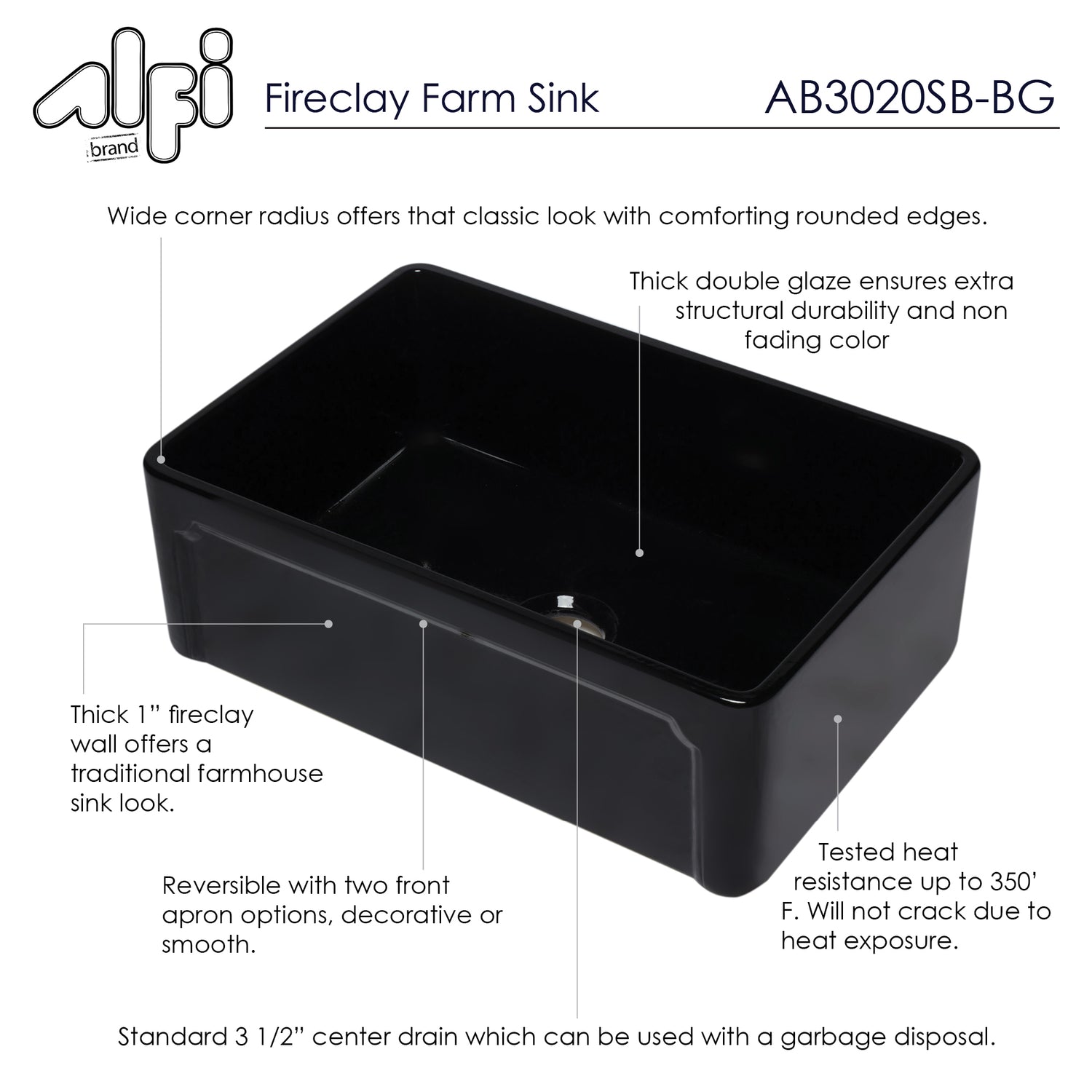 ALFI brand AB3020SB-BG 30 inch Black Reversible Single Fireclay Farmhouse Kitchen Sink