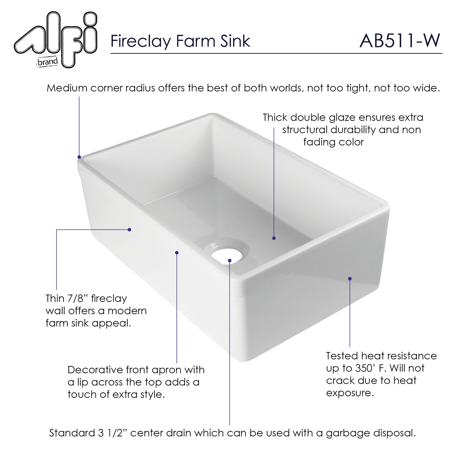 ALFI brand AB511-W White 30" Decorative Lip Apron Single Bowl Fireclay Farmhouse Kitchen Sink