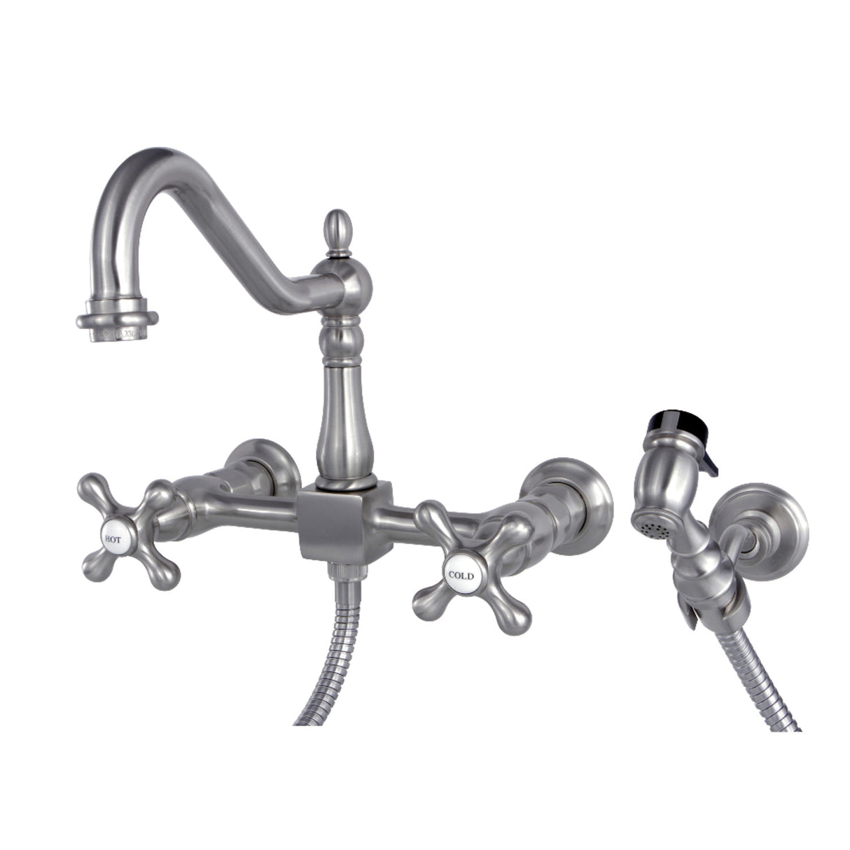 Kingston Brass KS1248AXBS Heritage Wall Mount Bridge Kitchen Faucet with Brass Spray, Brushed Nickel