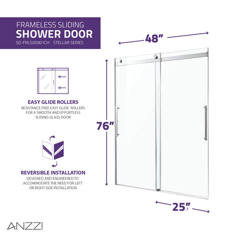 ANZZI SD-FRLS05901CHR Series 48 in. x 76 in. Frameless Sliding Shower Door with Handle in Chrome