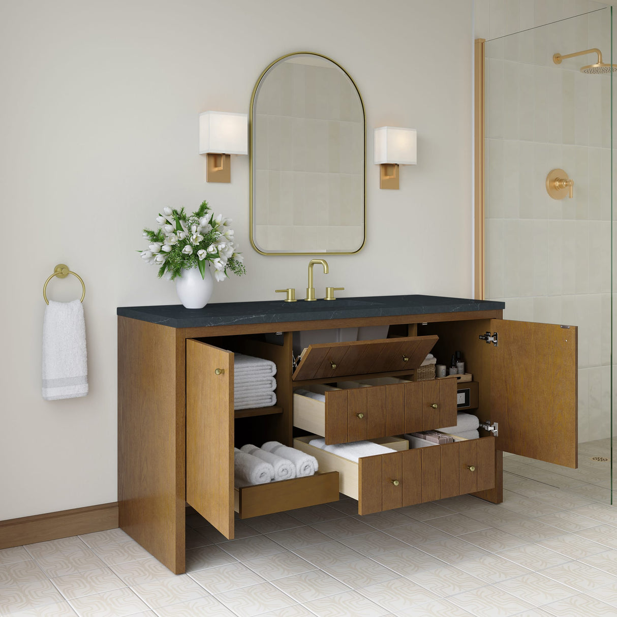 Hudson 60" Single Vanity, Honey Oak w/ 3 CM Charcoal Soapstone Silestone Top