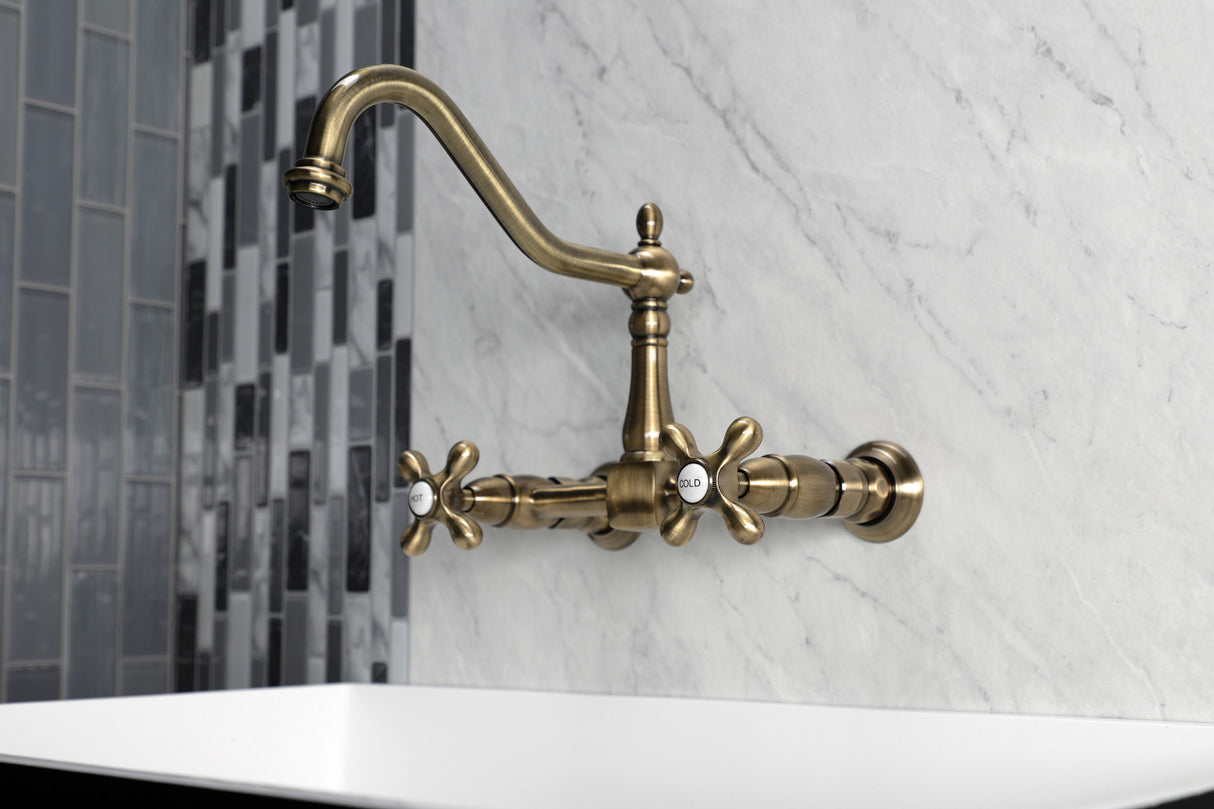 Kingston Brass KS1243AX Heritage Wall Mount Bridge Kitchen Faucet, Antique Brass