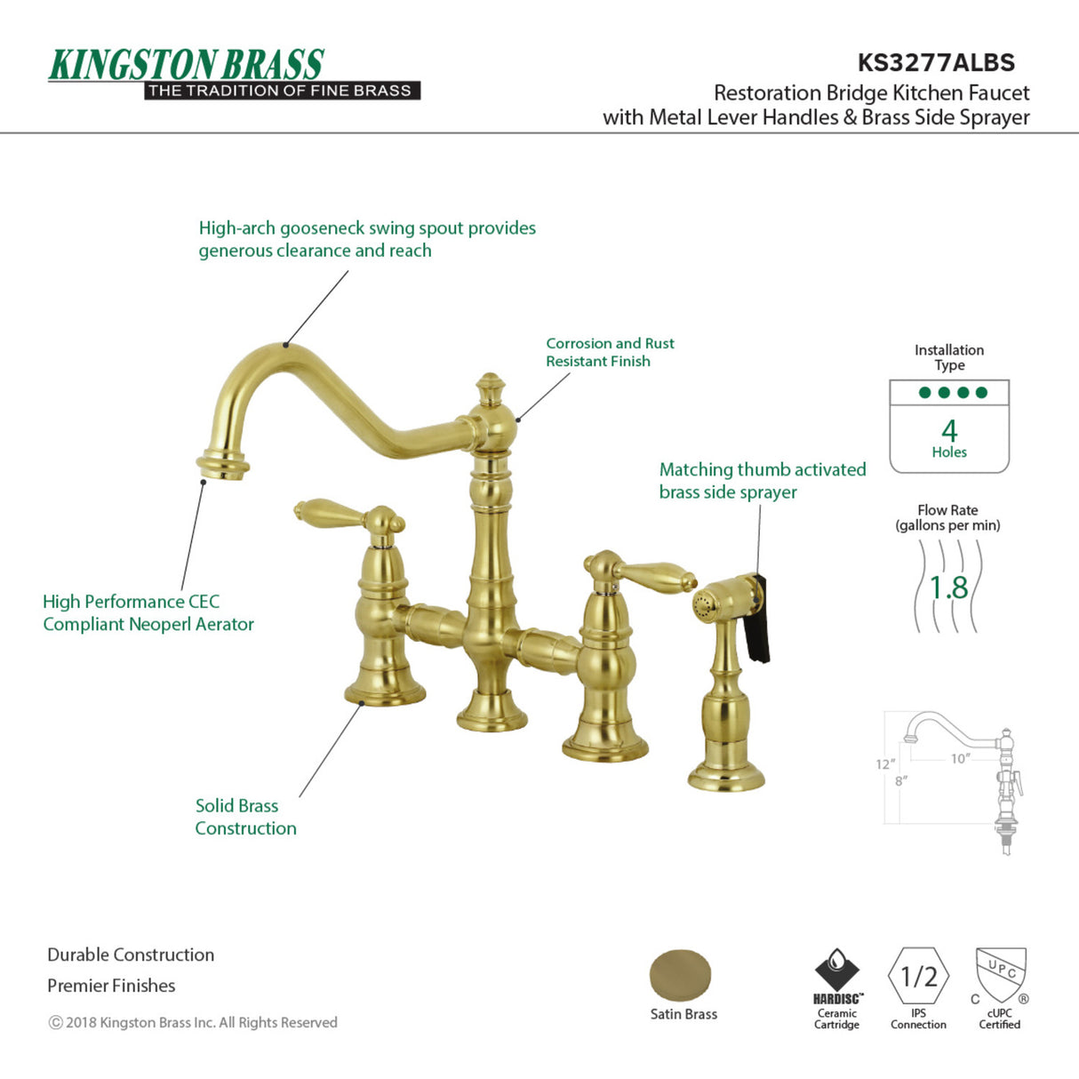 Kingston Brass KS3277ALBS Kitchen Faucet with Side Sprayer, Brushed Brass
