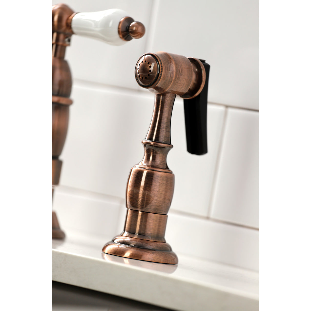 Kingston Brass KS127PLBSAC Heritage Bridge Kitchen Faucet with Brass Sprayer, Antique Copper