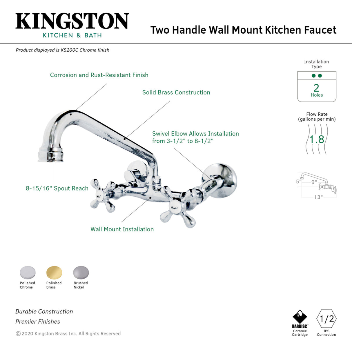 Kingston Brass KS200C Two-Handle Adjustable Center Wall Mount Kitchen Faucet, Polished Chrome