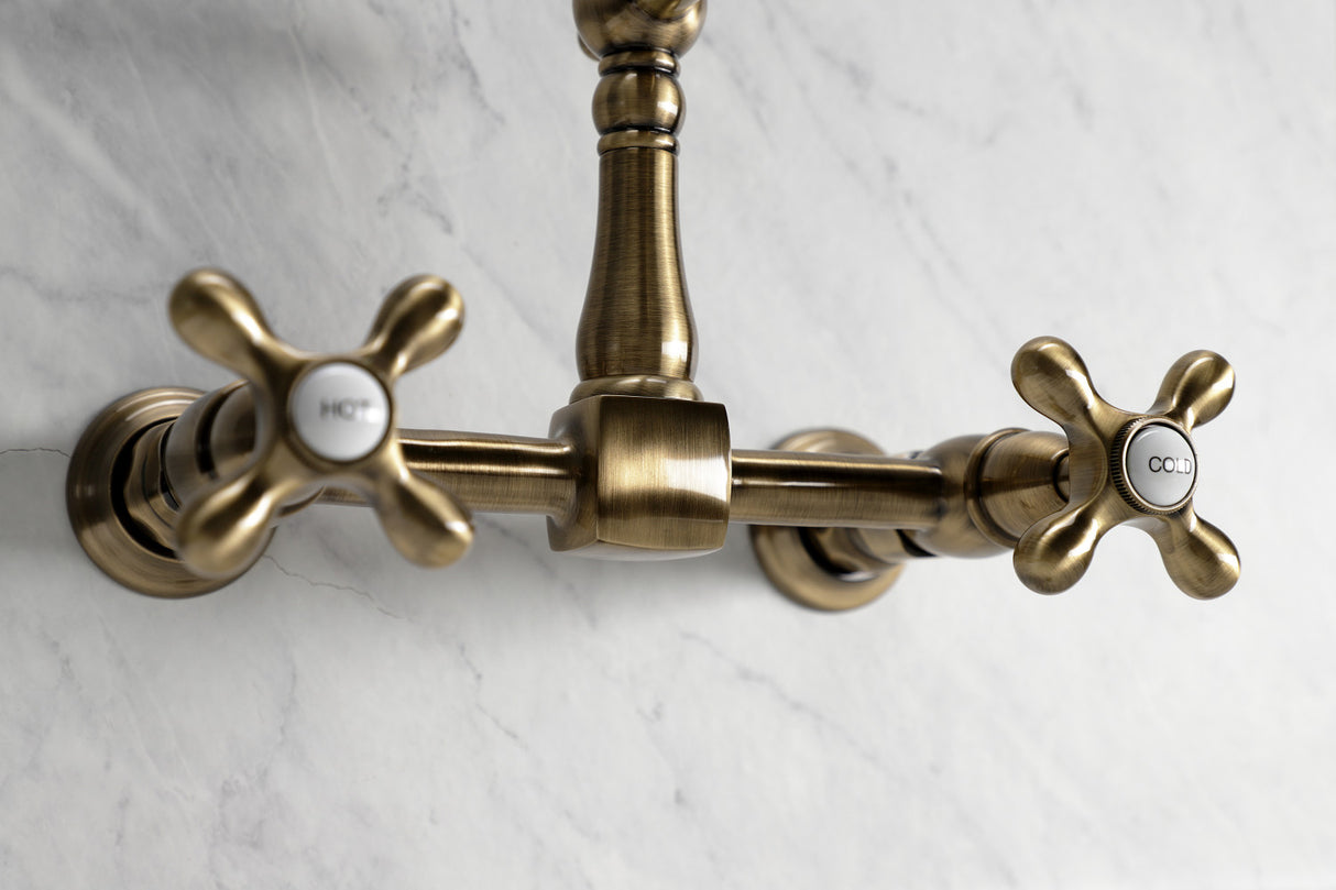 Kingston Brass KS1243AX Heritage Wall Mount Bridge Kitchen Faucet, Antique Brass