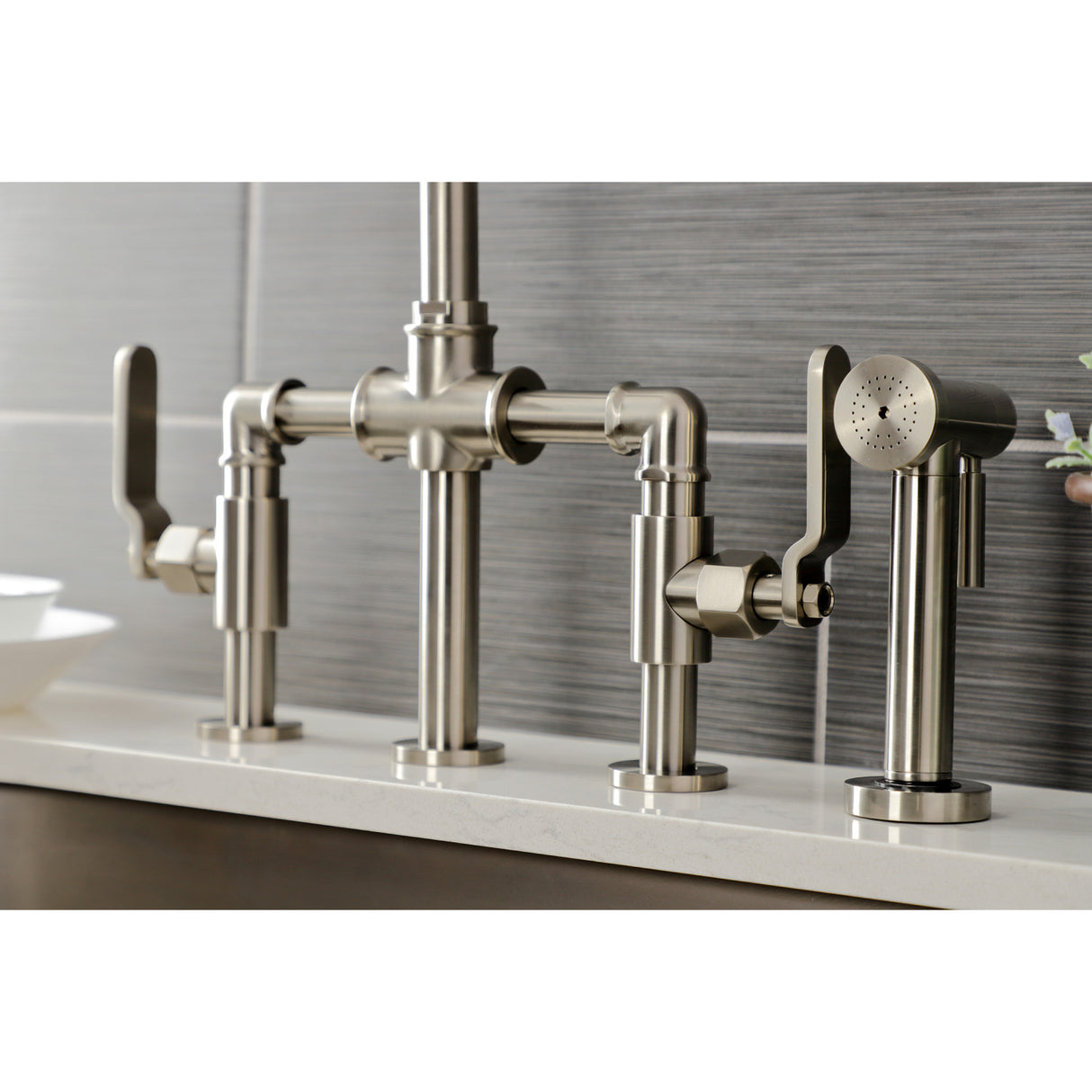 Kingston Brass KS2338KL Whitaker Industrial Style Bridge Kitchen Faucet with Brass Sprayer, Brushed Nickel