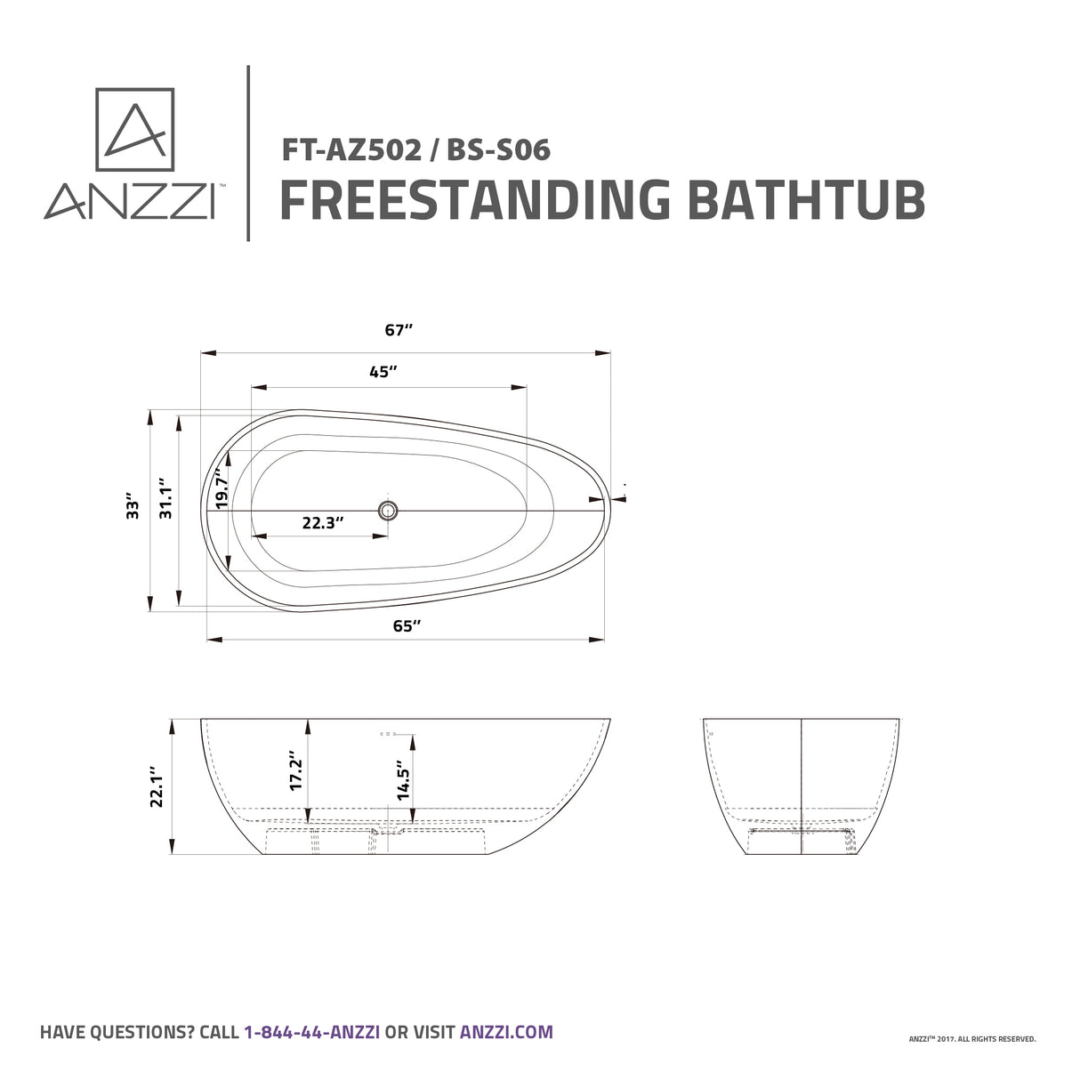 ANZZI BS-S06-R Makot 5.6 ft. Man-Made Stone Center Drain Freestanding Bathtub in Matte White