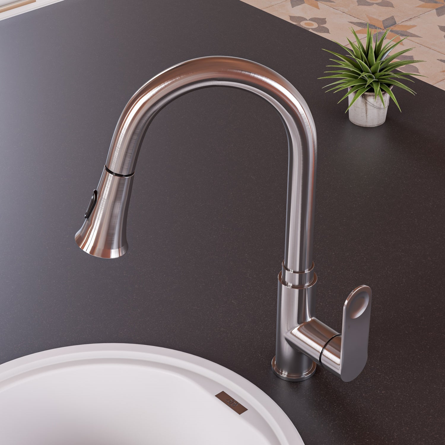 Brushed Nickel Gooseneck Pull Down Kitchen Faucet