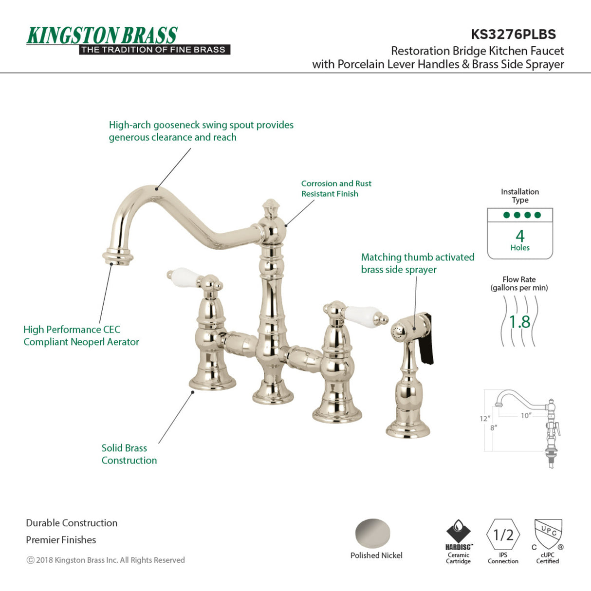 Kingston Brass KS3276PLBS Restoration 8" Bridge Kitchen Faucet with Sprayer, Polished Nickel