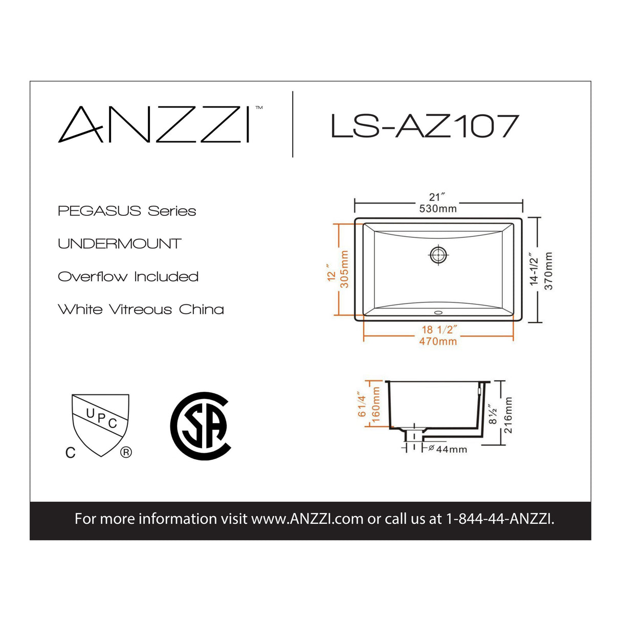 ANZZI LS-AZ107 Pegasus Series 21 in. Ceramic Undermount Sink Basin in White