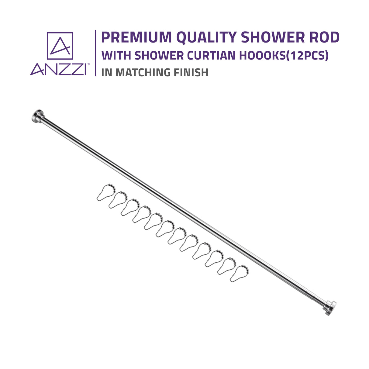 ANZZI AC-AZSR88BN 48-88 Inches Shower Curtain Rod with Shower Hooks in Brushed Nickel | Adjustable Tension Shower Doorway Curtain Rod | Rust Resistant No Drilling Anti-Slip Bar for Bathroom | AC-AZSR88BN