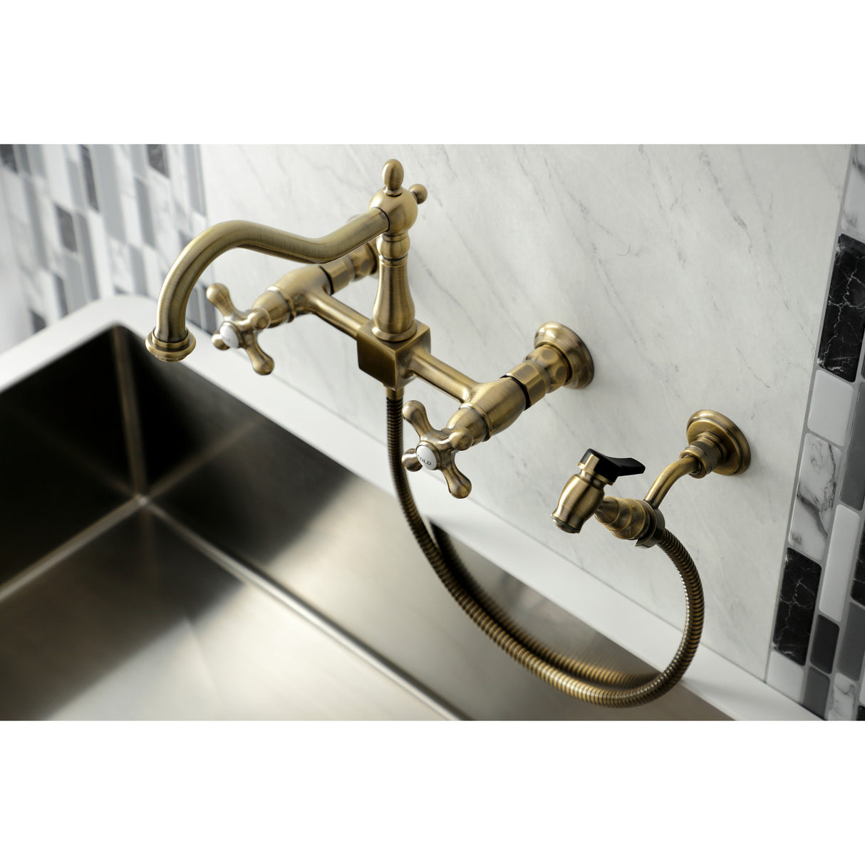 Kingston Brass KS1243AXBS Heritage Wall Mount Bridge Kitchen Faucet with Brass Spray, Antique Brass