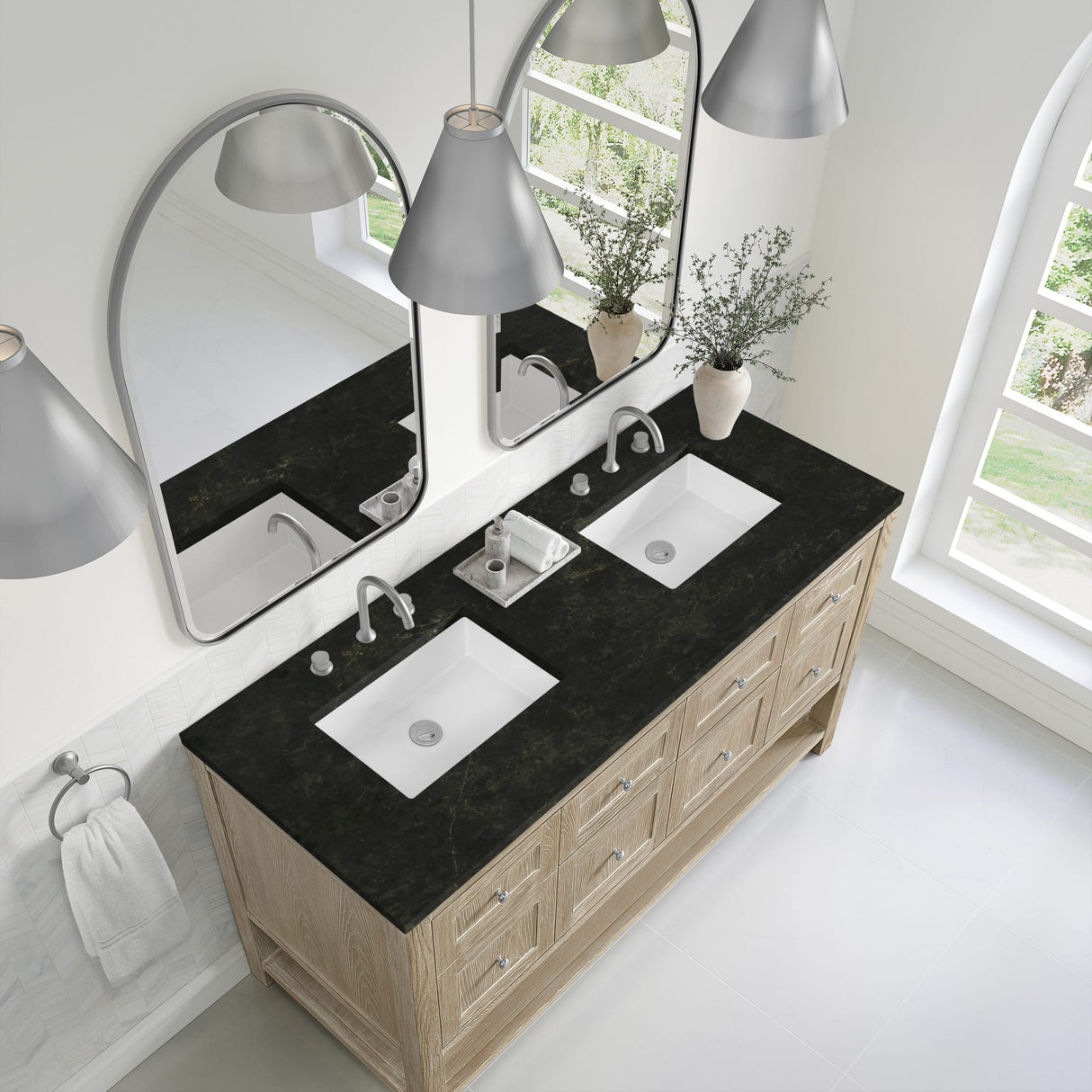 Breckenridge 60" Double Vanity, Whitewashed Oak, w/ 3 CM Phantome Eclos Top