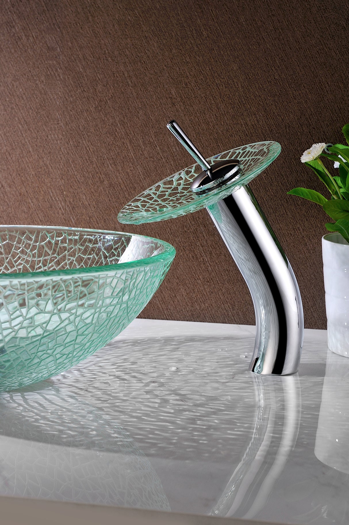 ANZZI LS-AZ8112 Paeva Series Deco-Glass Vessel Sink in Crystal Clear Chipasi with Matching Chrome Waterfall Faucet