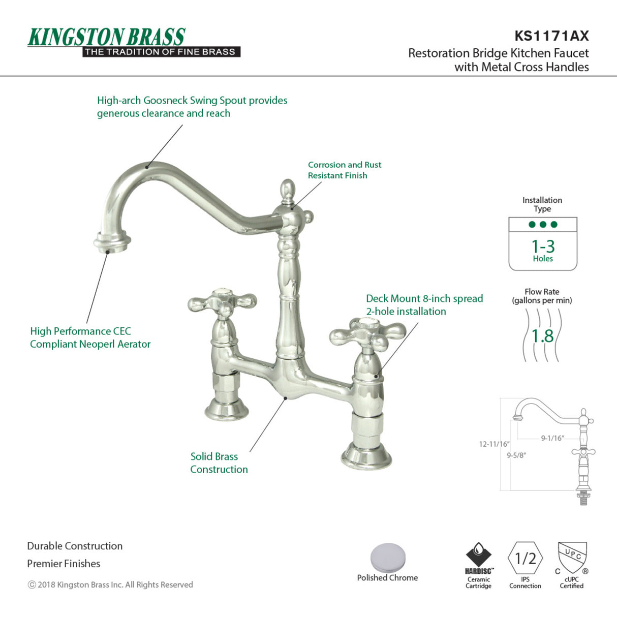 Kingston Brass KS1171AX Heritage Bridge Kitchen Faucet, Polished Chrome