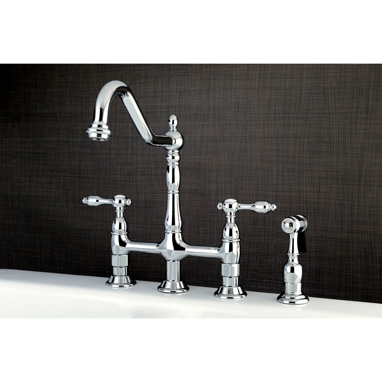 Kingston Brass KS1271TALBS Tudor Bridge Kitchen Faucet with Brass Sprayer, Polished Chrome