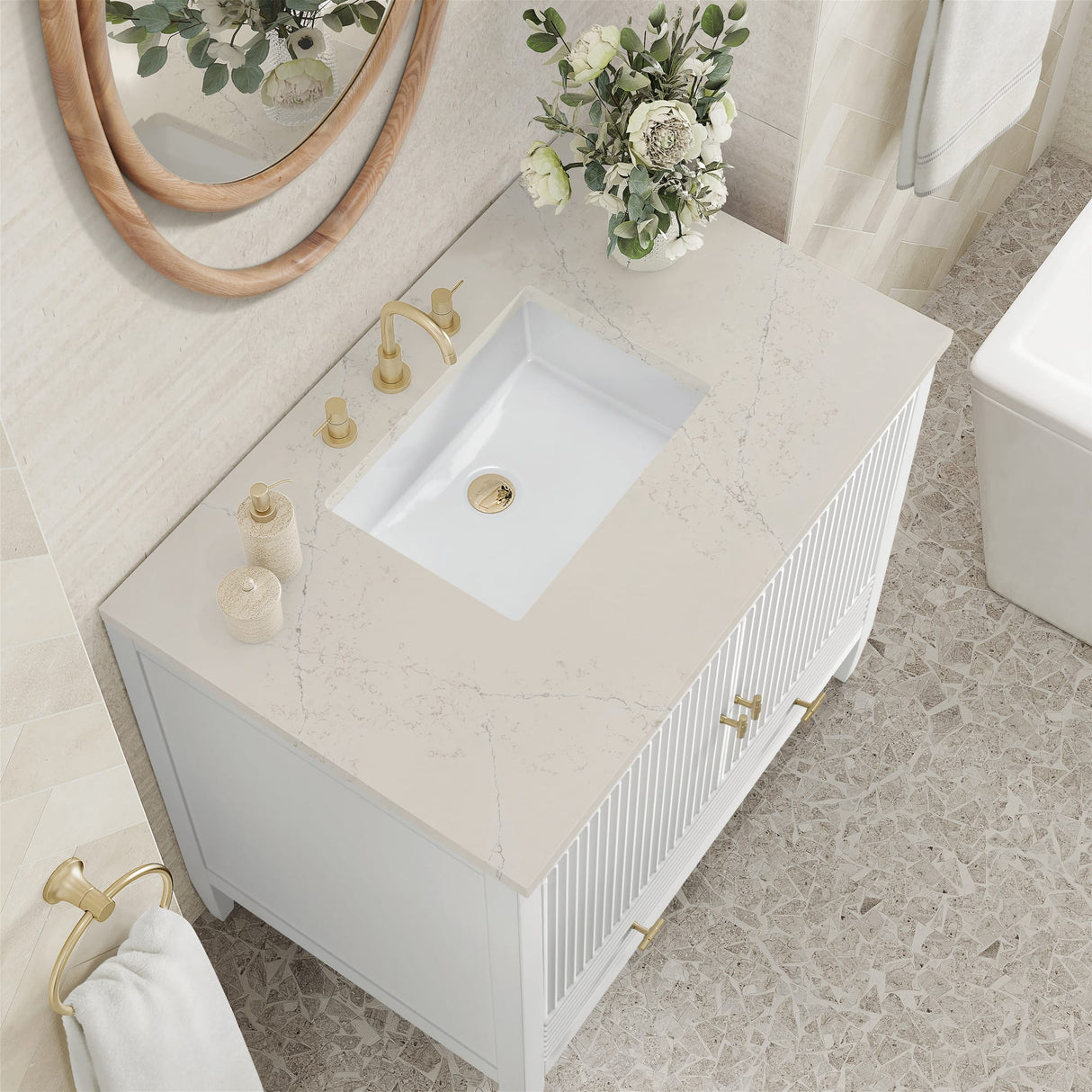 Myrrin 36" Vanity, Bright White, w/ 3 CM Siberian Silestone Top