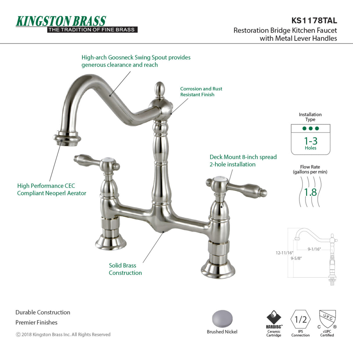 Kingston Brass KS1178TAL Tudor Bridge Kitchen Faucet, Brushed Nickel