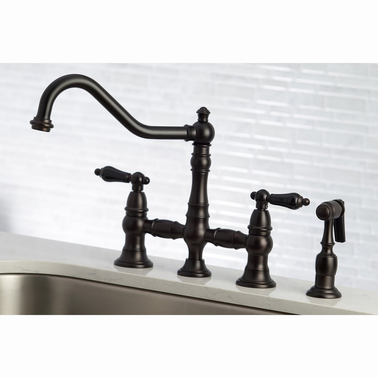 Kingston Brass KS3275PKLBS Duchess Bridge Kitchen Faucet with Brass Sprayer, Oil Rubbed Bronze