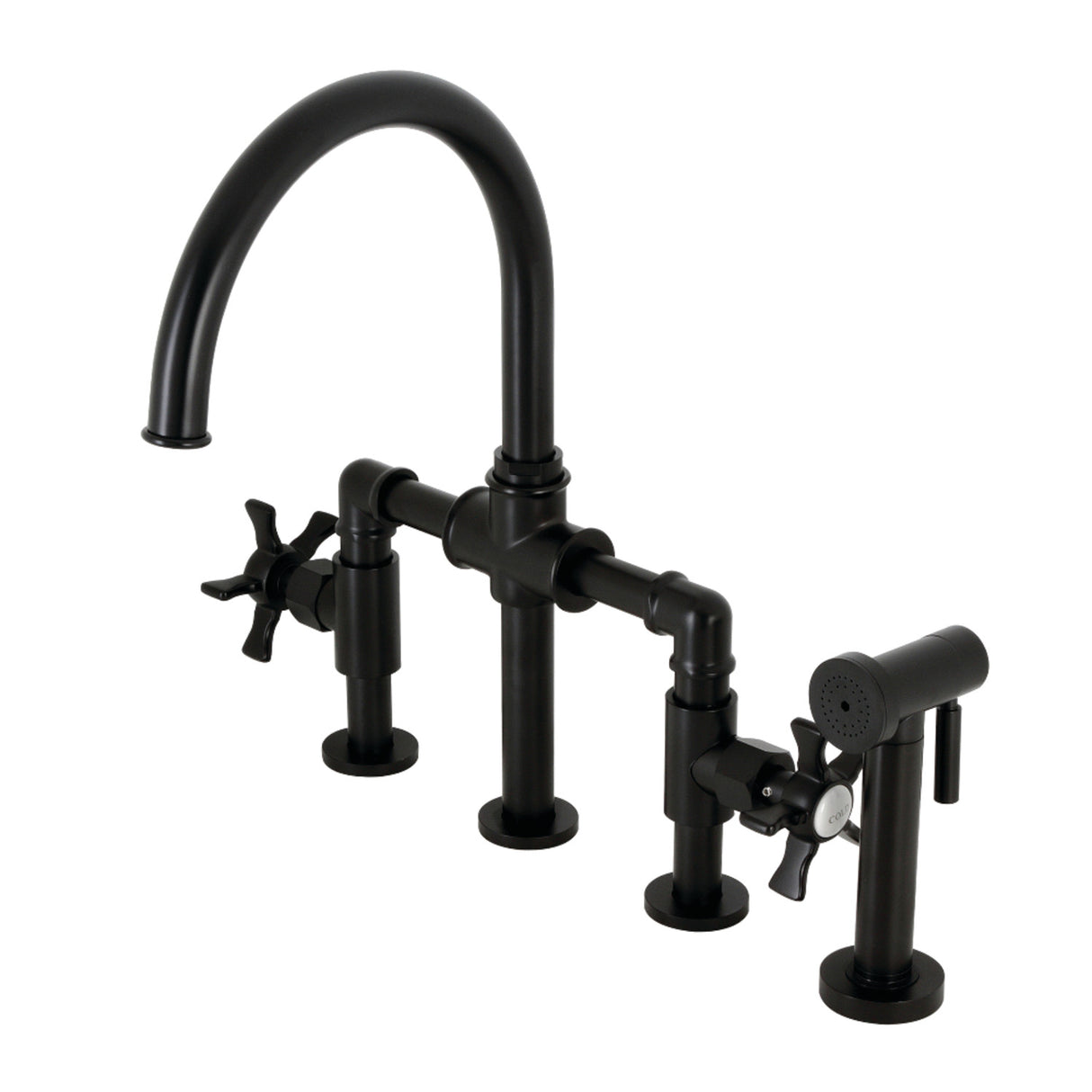 Kingston Brass KS2330NX Hamilton Industrial Style Bridge Kitchen Faucet with Brass Sprayer, Matte Black
