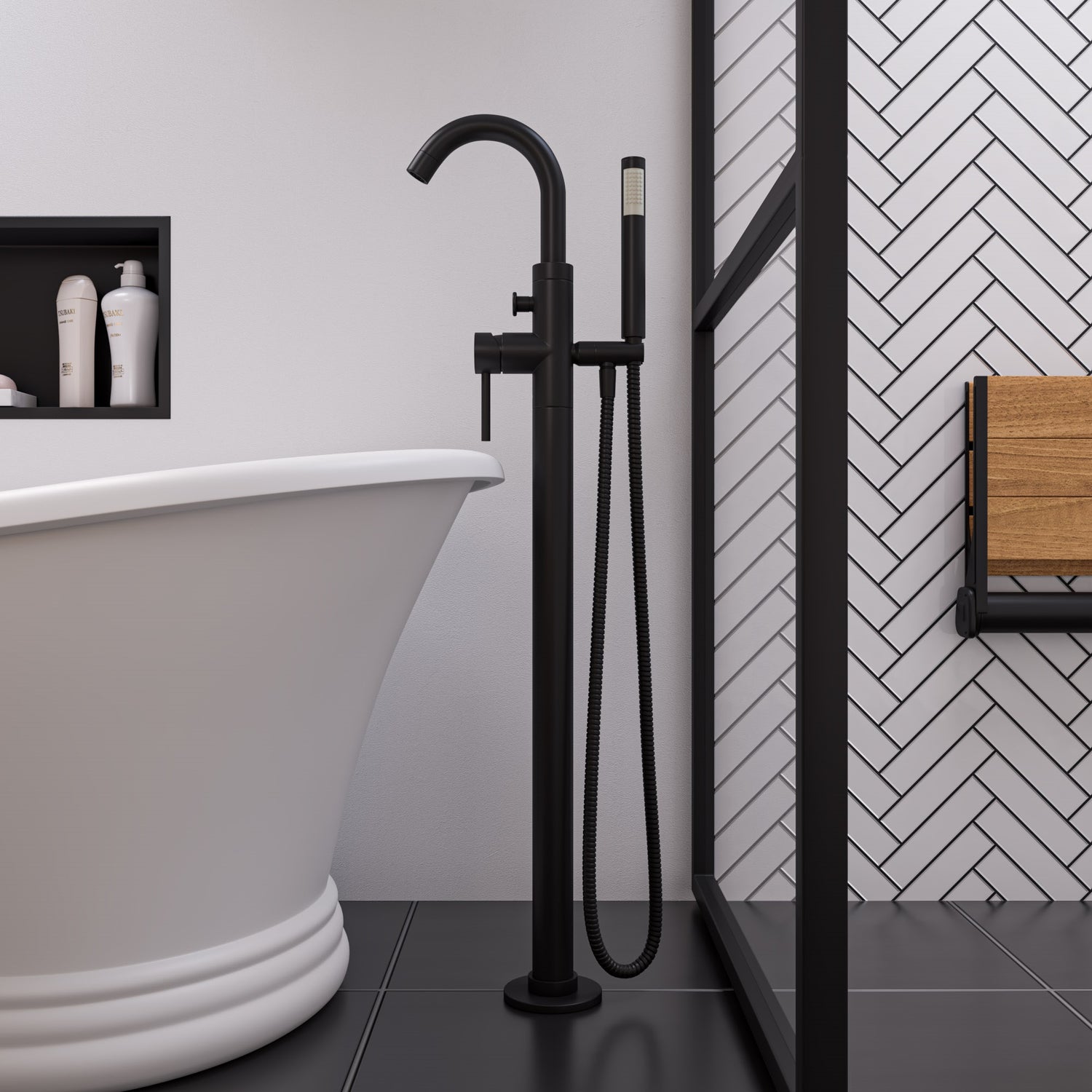 Black Matte Single Lever Floor Mounted Tub Filler Mixer w Hand Held Shower Head