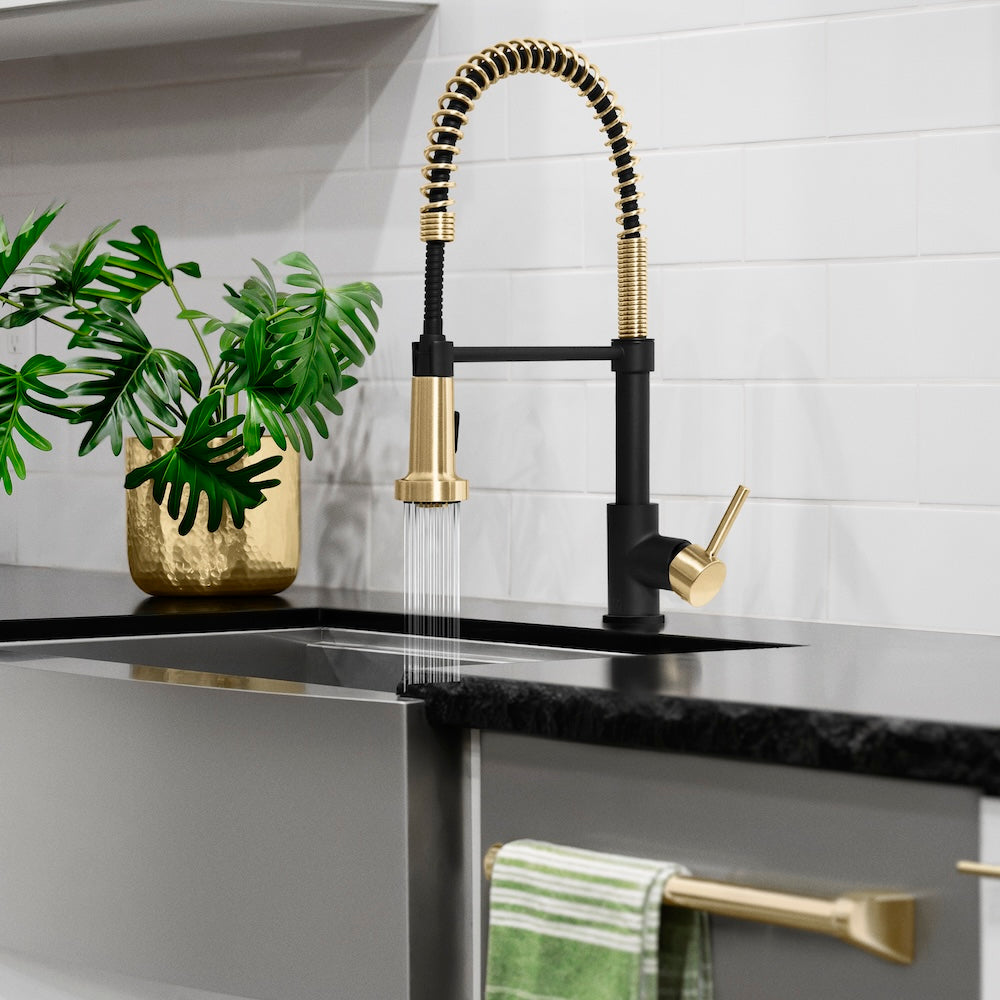 ZLINE Autograph Edition Apollo Pull Down Spring Single Handle Kitchen Faucet in Matte Black and Champagne Bronze (APL-KF-ZMBCB)