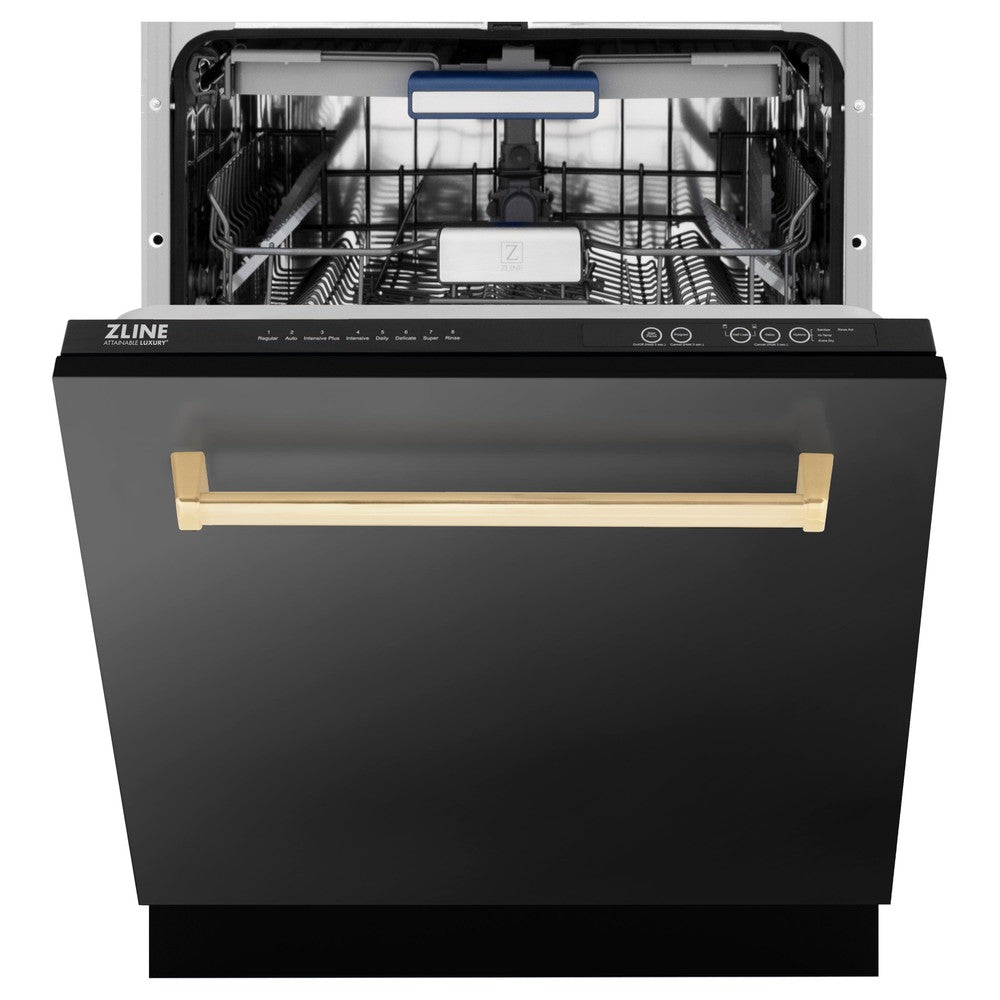 ZLINE Autograph Edition 24 in. 3rd Rack Top Control Tall Tub Dishwasher in Black Stainless Steel with Polished Gold Accent Handle, 51dBa (DWVZ-BS-24-G)