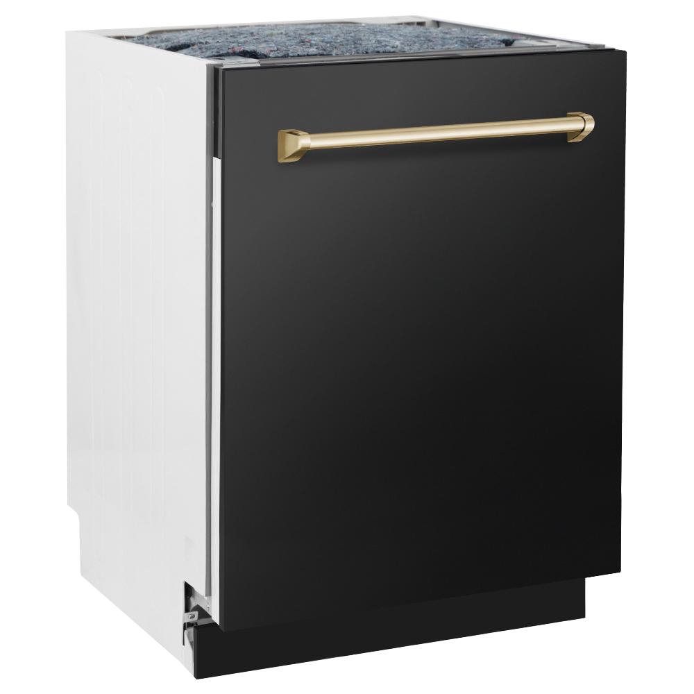 ZLINE Autograph Edition 24 in. 3rd Rack Top Control Tall Tub Dishwasher in Black Stainless Steel with Polished Gold Accent Handle, 51dBa (DWVZ-BS-24-G)