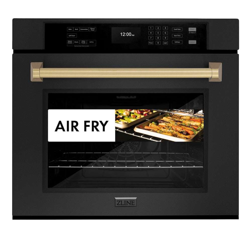ZLINE Autograph Edition 30 in. Professional True Convection Single Wall Oven with Air Fry and Self Clean in Black Stainless Steel with Champagne Bronze Handle (WASBZ-30-CB)